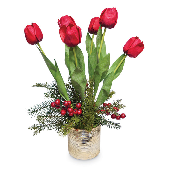 Red Tulips in a Gold Pot