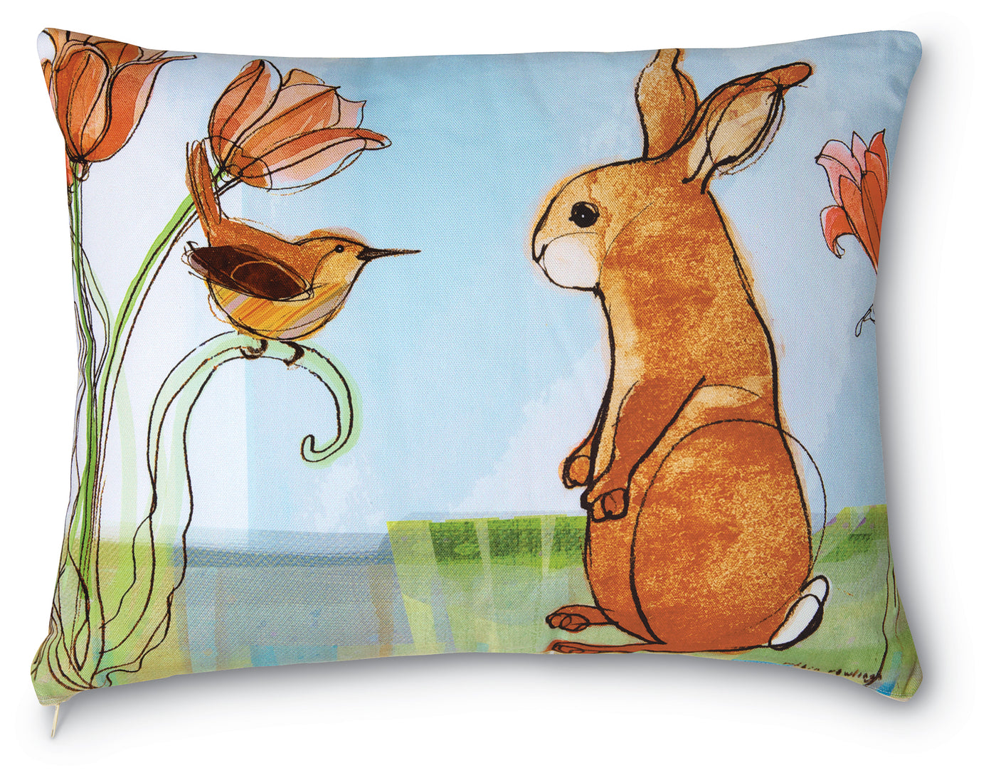 Bunny with Wren & Tulips Pillow