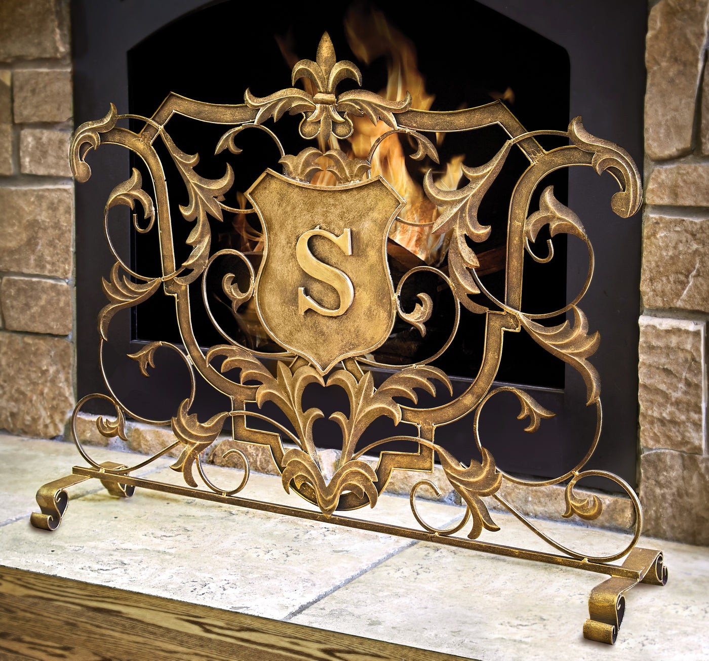 Burnished Gold Fire Screen with Monogram